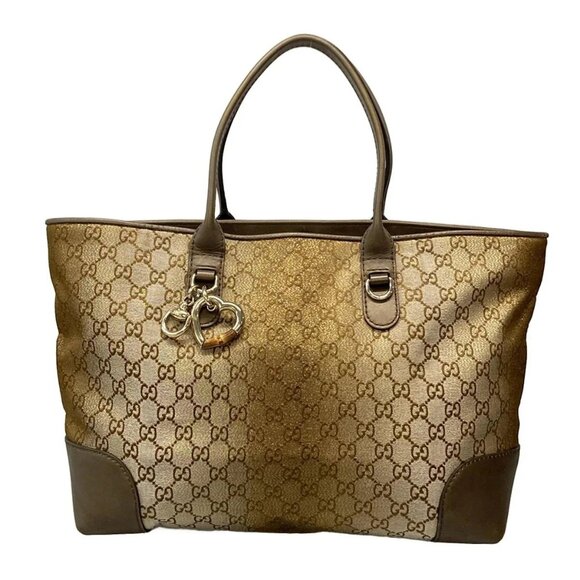 GUCCI GG pattern/Heart bit 269956 Bronze Cream Jacquard Leather Tote Bag